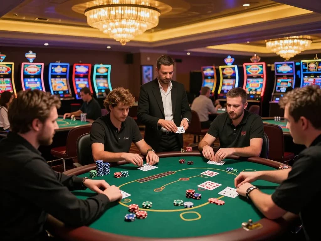 Players engaged in strategic poker gameplay at Sumclub's vibrant casino tables, showcasing thrilling gambling action.