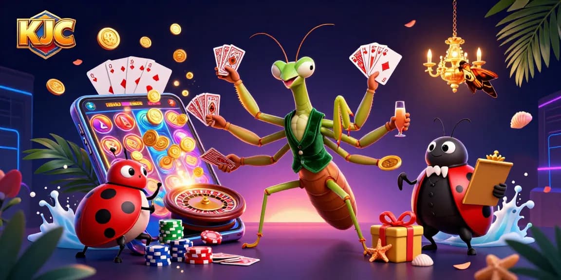 KJC's vibrant online casino scene features a giant praying mantis card sharp and ladybug pit boss in action, bringing excitement.
