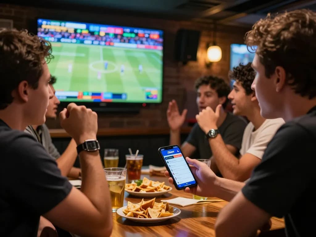 Excited sports bettor viewing live game action on large screen, using 33win1 app.