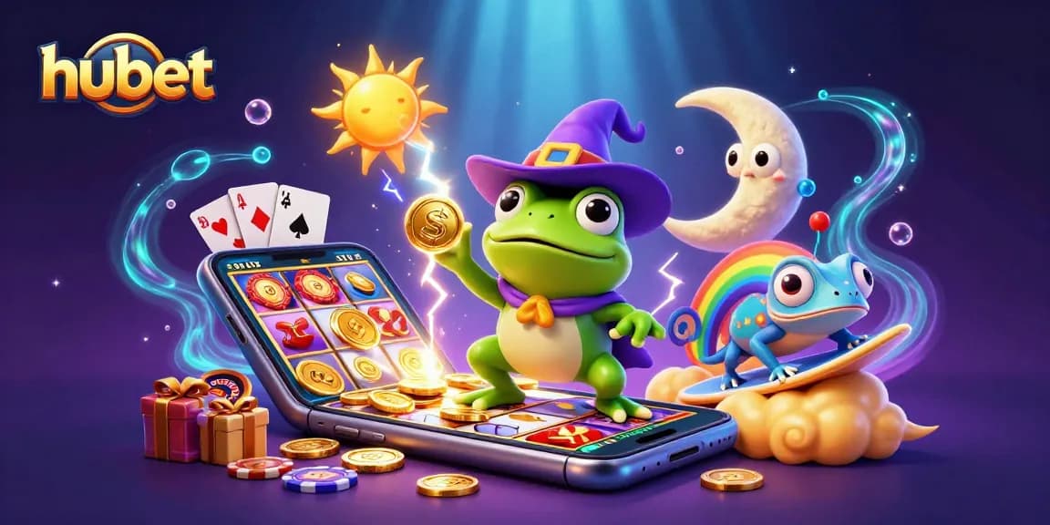 Experience the thrill of hubet as characters celebrate with golden coins and casino games.