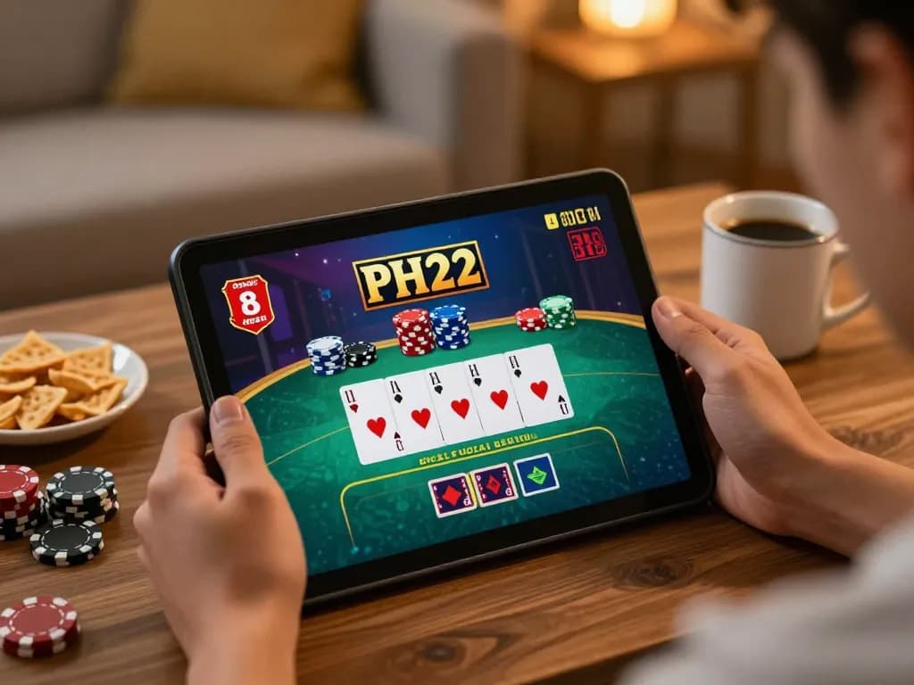 PH22 player enjoying live dealer game on tablet in cozy home setting.