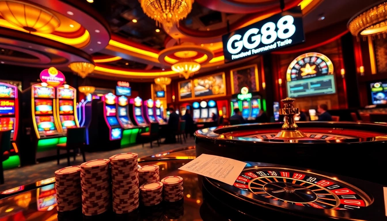 Experience the thrill of GG88 gaming with vibrant slots and poker tables in a luxurious casino setting.