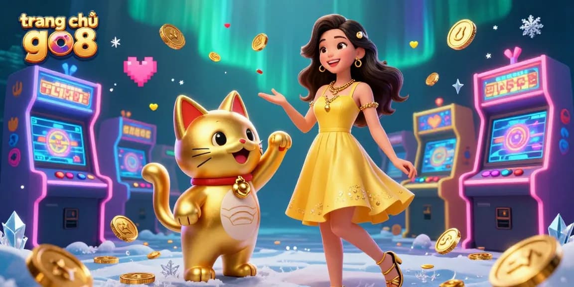 Exciting gameplay on trang chủ go8 featuring a cheerful Asian woman and a lucky cat in a vibrant casino setting.