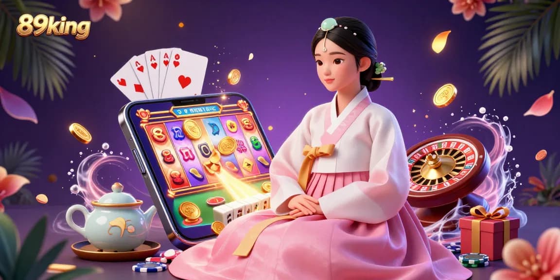 Experience the thrill of slot gaming with 89king, featuring a captivating 3D illustration of an elegant character amidst vibrant casino elements.