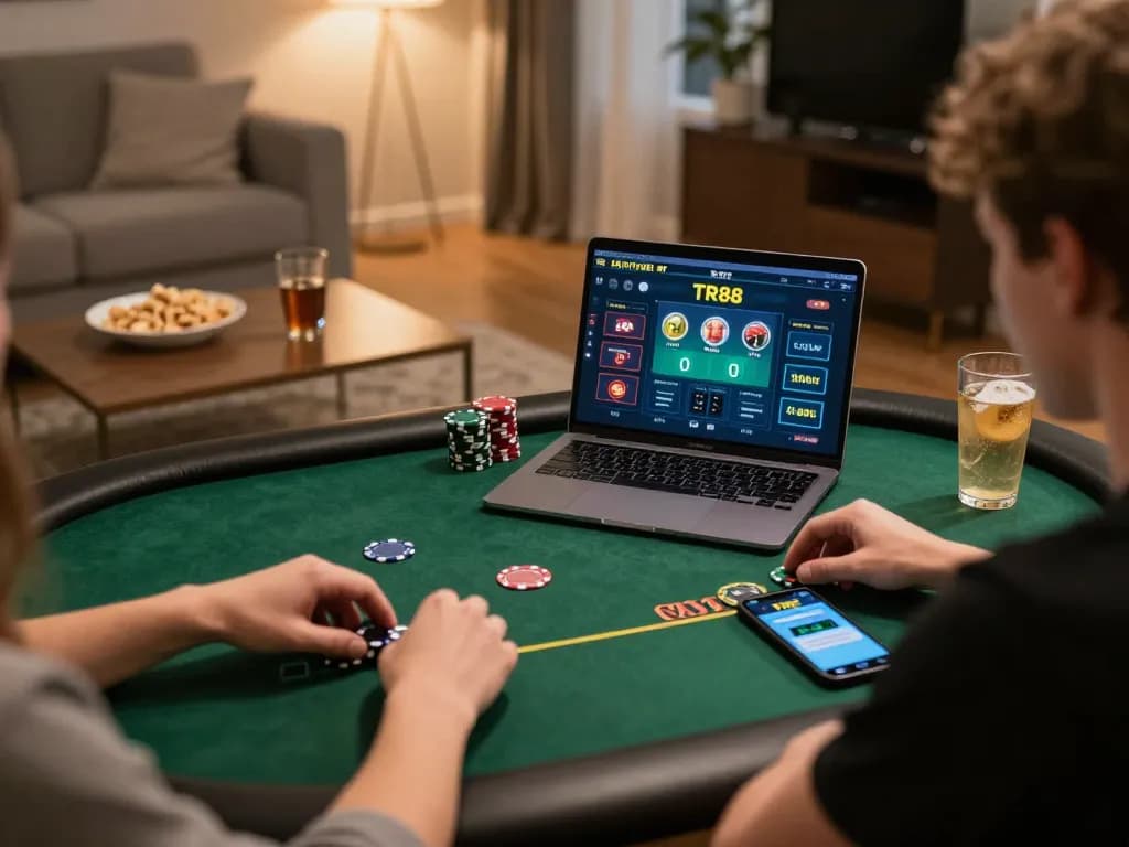 Player strategizing in TR88 online casino game from a cozy home setup