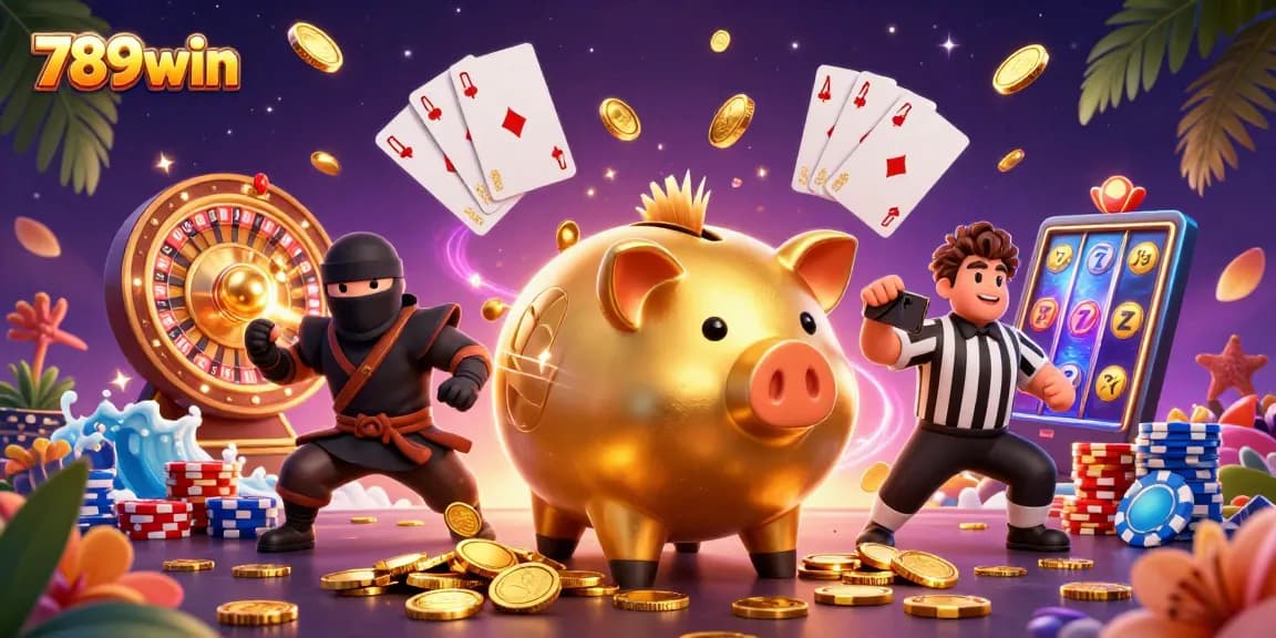 Experience thrilling gameplay at 789win with vibrant characters, coins, and casino elements in a dynamic 3D scene.