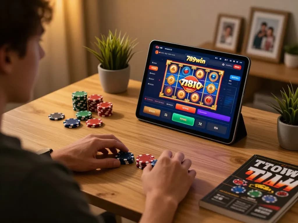 Players enjoying the 789win casino app, engaging with slot games in a cozy home setting