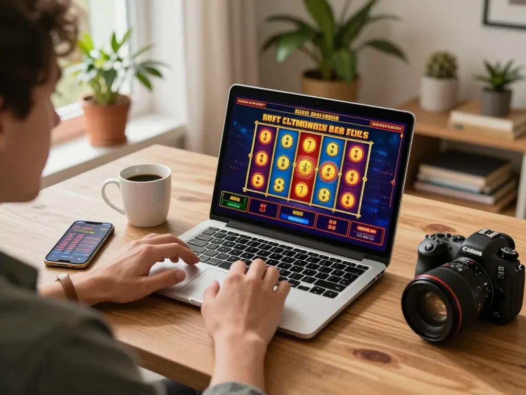 Player enjoying online slots on fly88com biz from a cozy home setup, showcasing engaging gameplay.