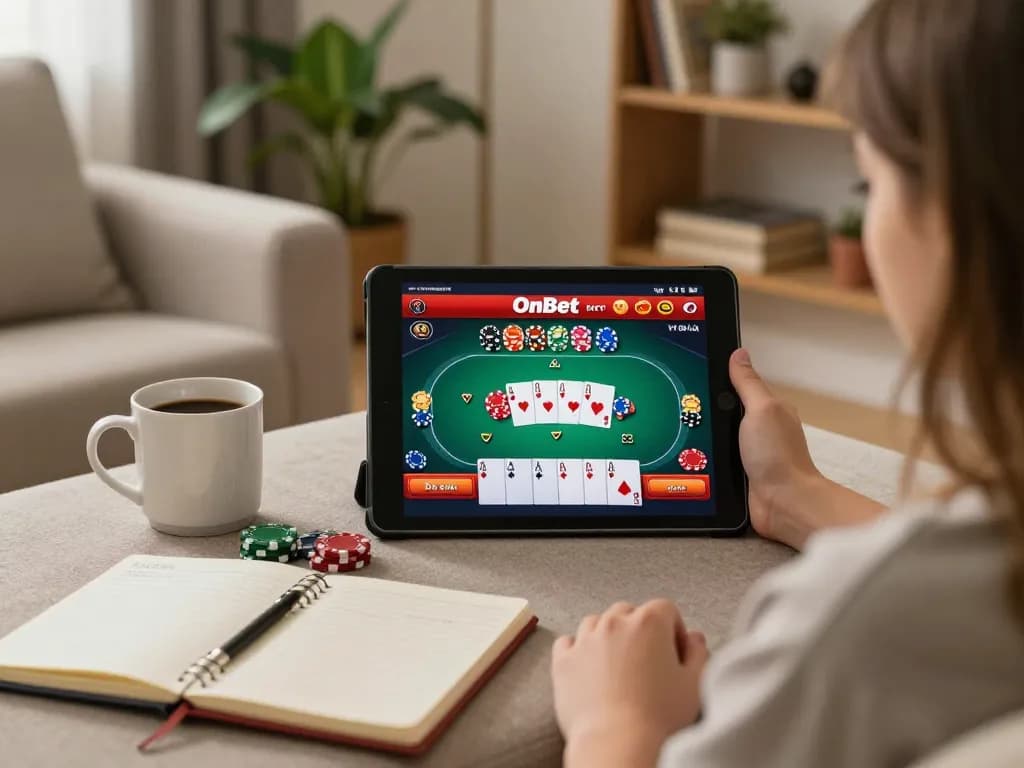 Engaged user playing OnBet online casino games on a tablet, showcasing poker strategy and a cozy setting.