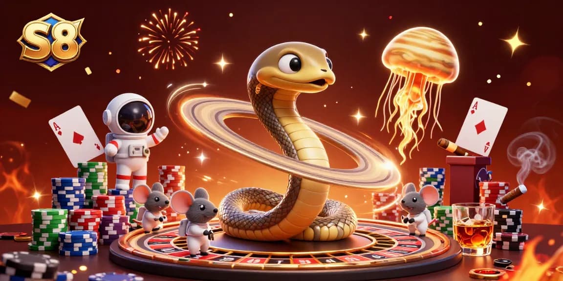 S8 gamers place bets at a cosmic roulette wheel while vibrant lottery games spin in a creative 3D scene.