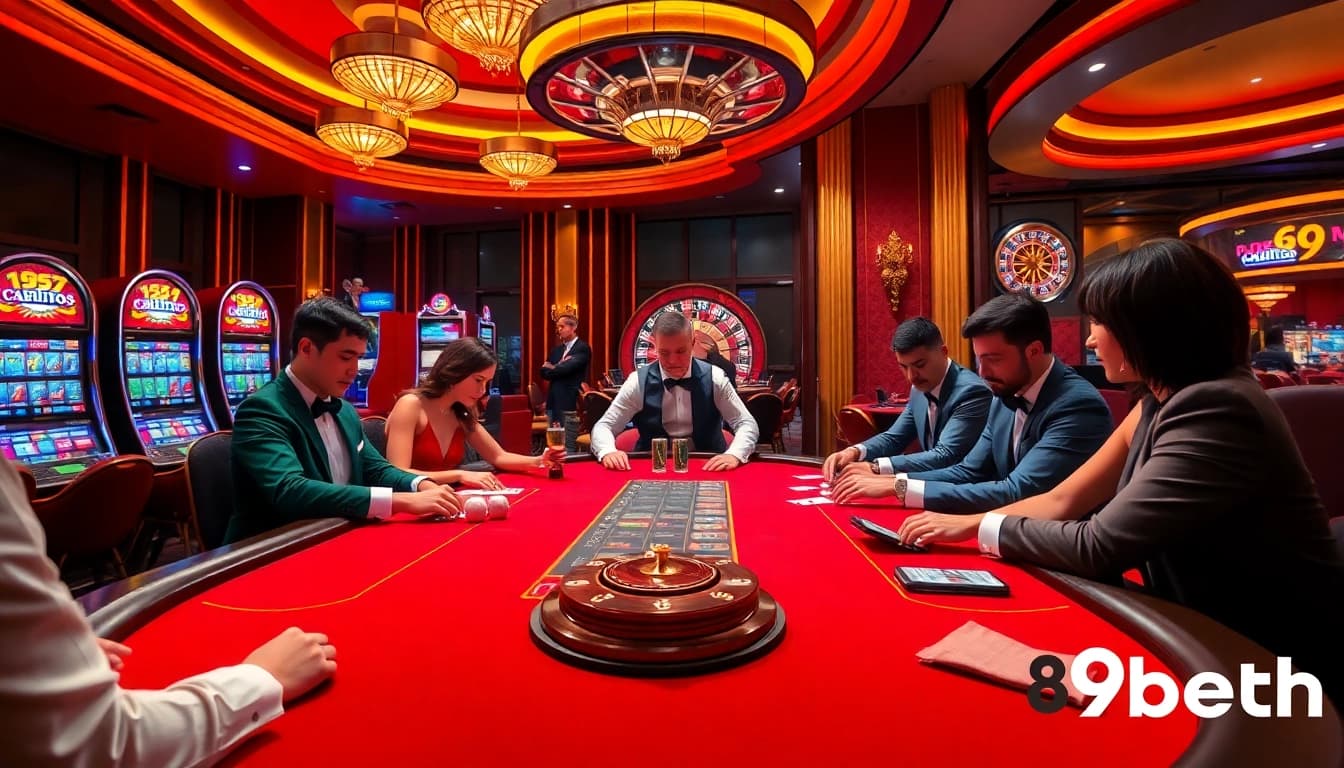 Exciting casino scene with poker players and vibrant lights, showcasing 89bet.sh betting action.
