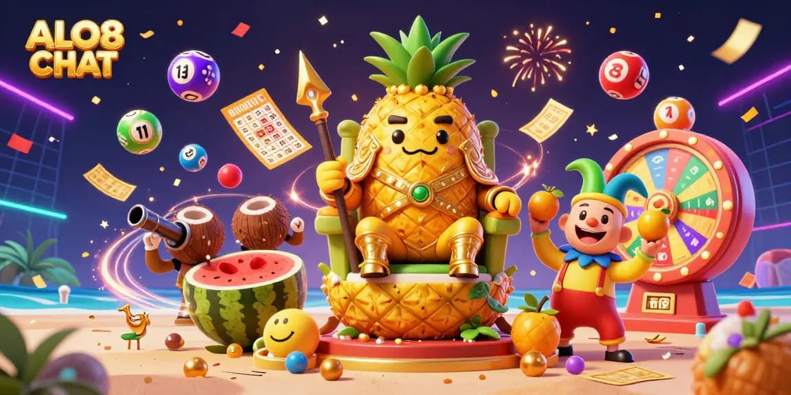 Experience the excitement of ALO8 CHAT with a vibrant casino scene featuring a golden pineapple king and dynamic game elements.