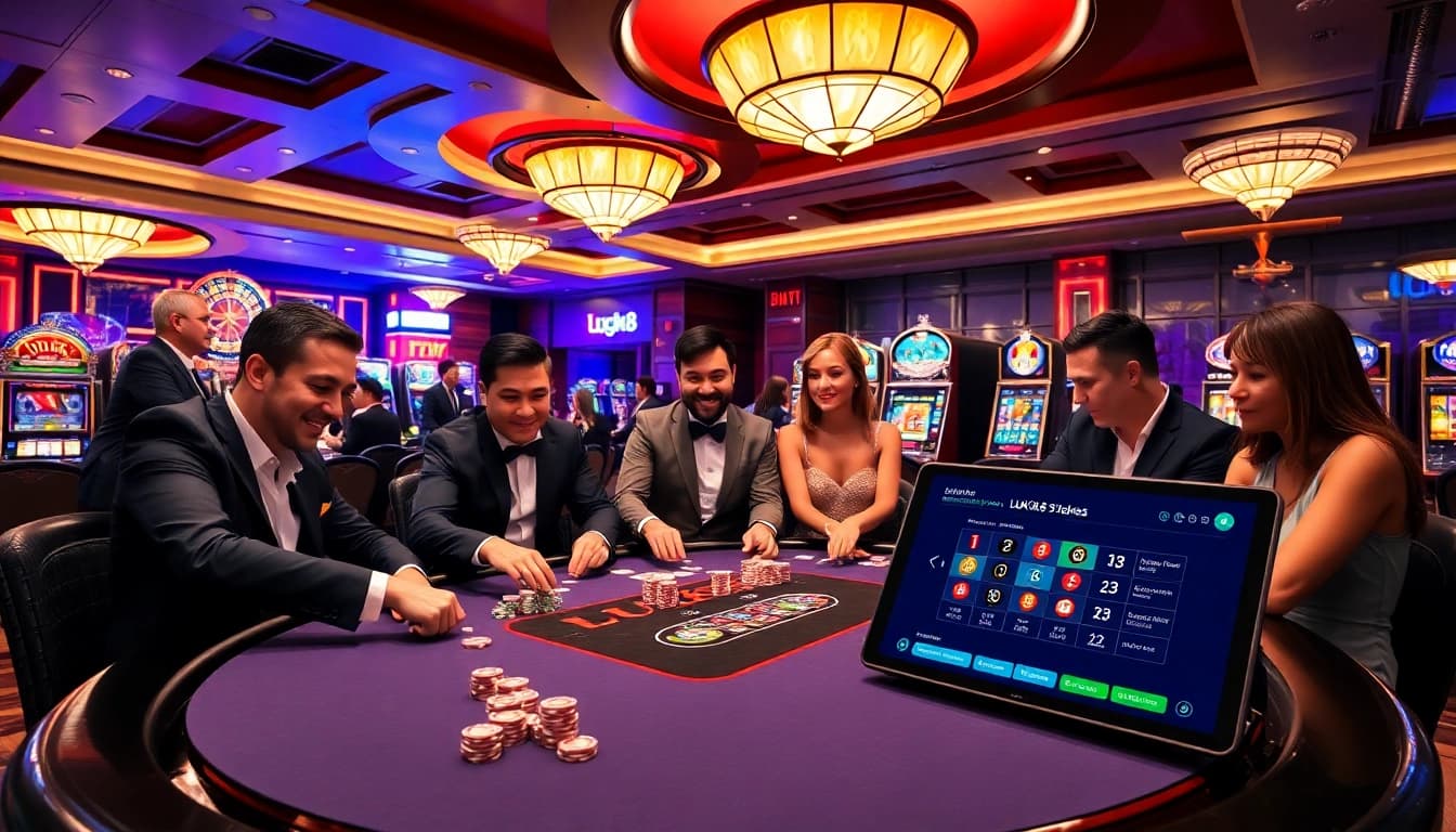 Experience the thrill of LUCK8 at an elegant casino table with vibrant poker action.