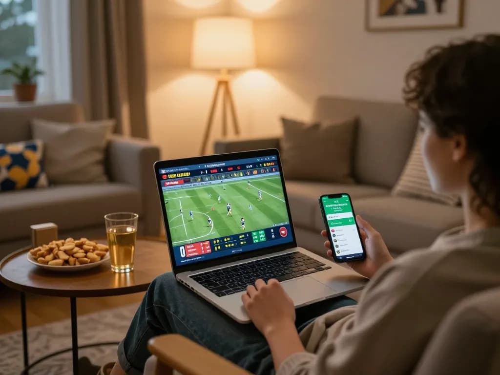 Engaging in ดูบอล with live betting app on smartphone and laptop in relaxing home setting.