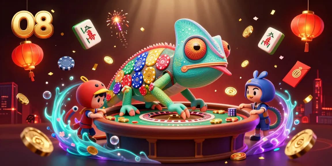 Experience the vibrant O8 casino environment with dynamic games and colorful characters.