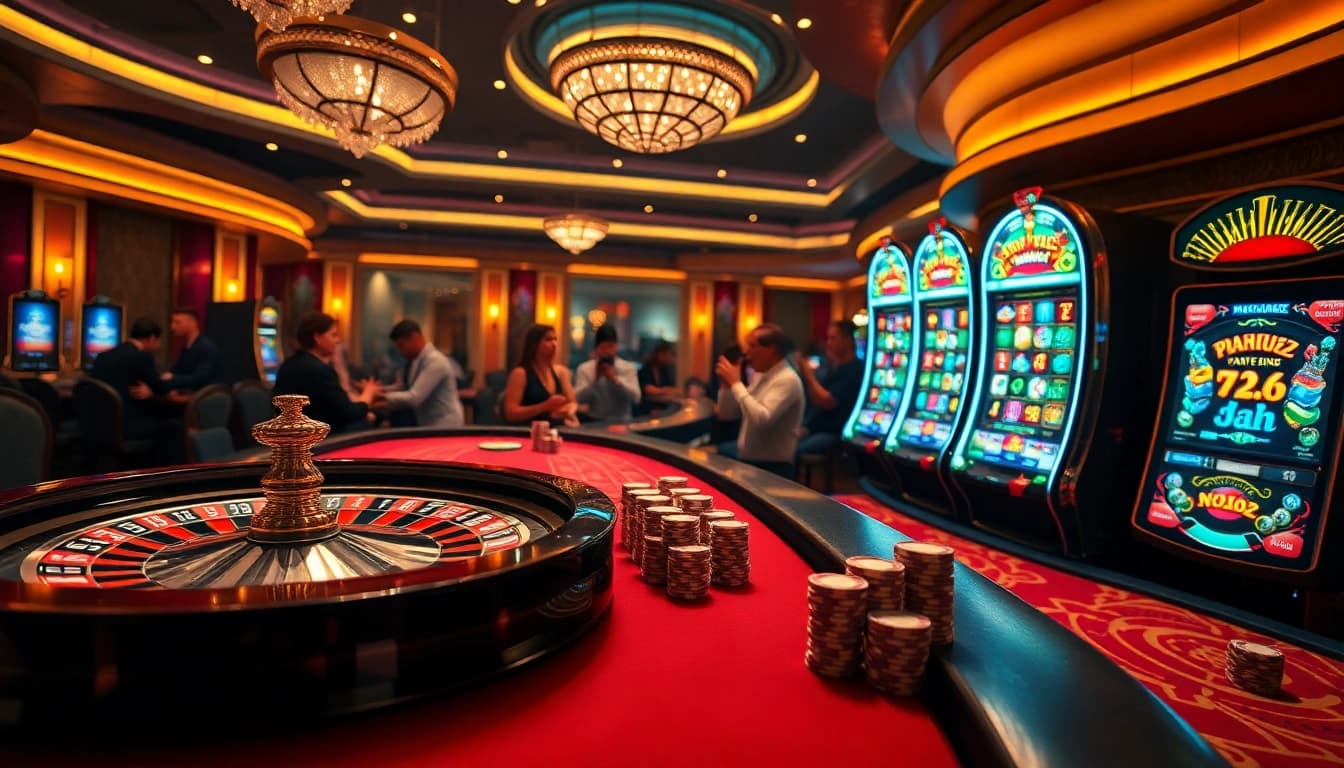 NOHU52 players enjoying a vibrant casino atmosphere with roulette and poker chips.