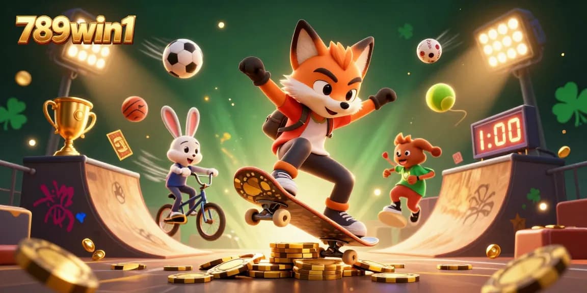 Engage in thrilling gameplay at 789win1 with a vibrant 3D cartoon casino scene featuring dynamic characters and sports elements.