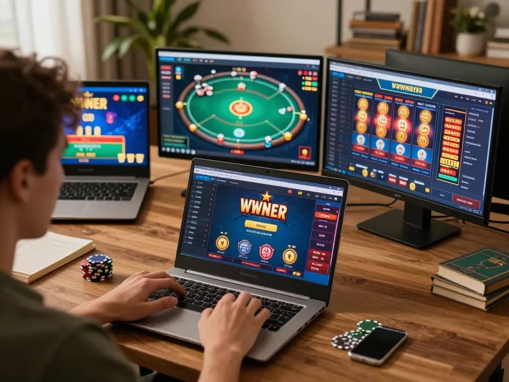 Lô Đề Uy Tín: Player engaging in online gambling from home, showcasing strategies on laptop.