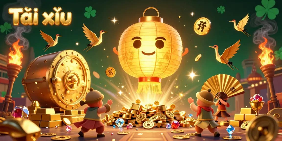 Tài xỉu gaming scene showcasing a giant lantern spirit and treasures, highlighting winning opportunities and excitement.