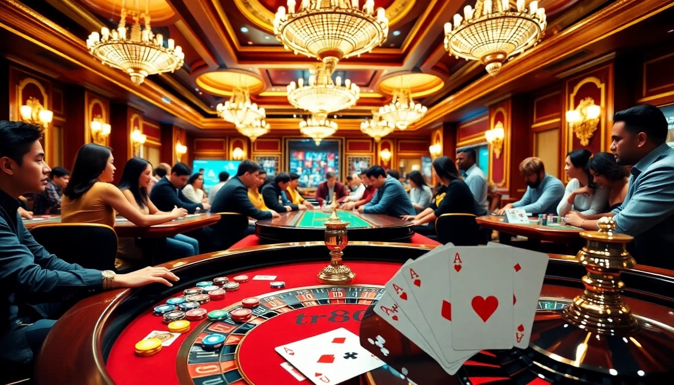 tr88 players enjoying a strategic poker game with colorful chips and cards.
