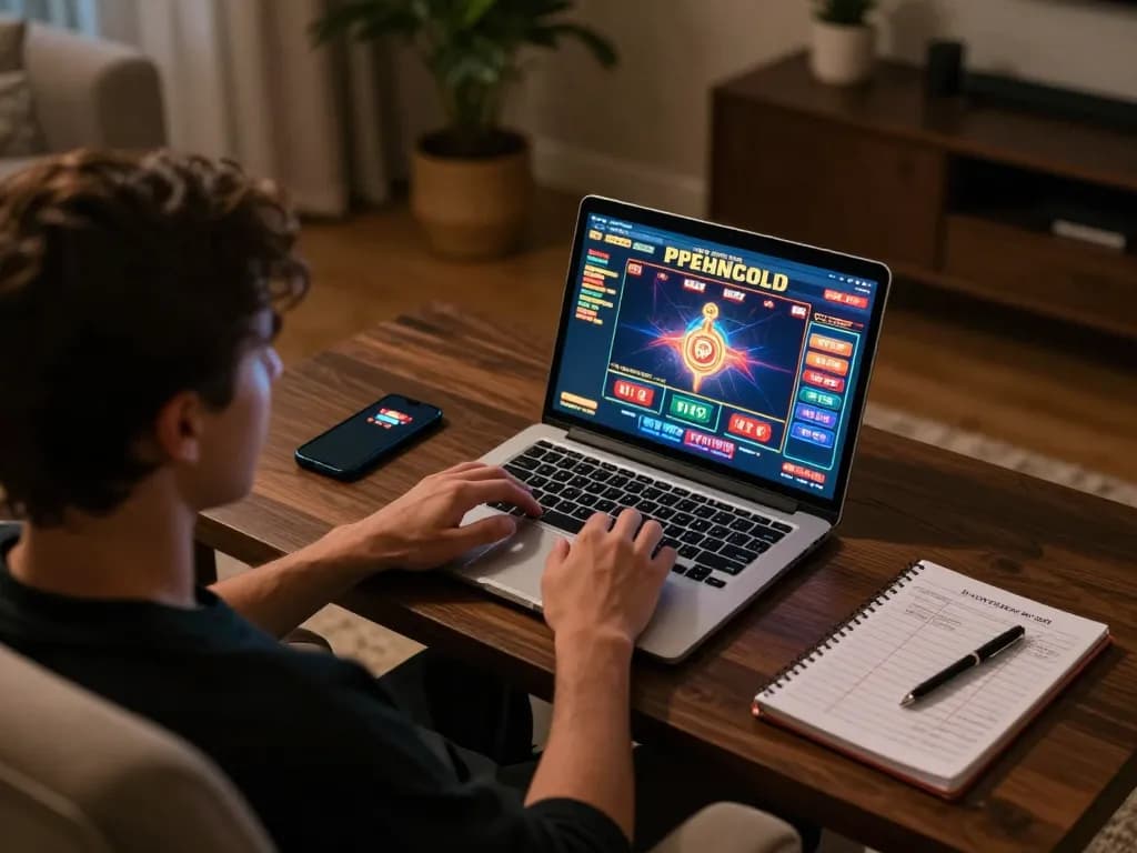 Player engaging in online gambling at home using god55 app, showcasing a cozy gaming setup