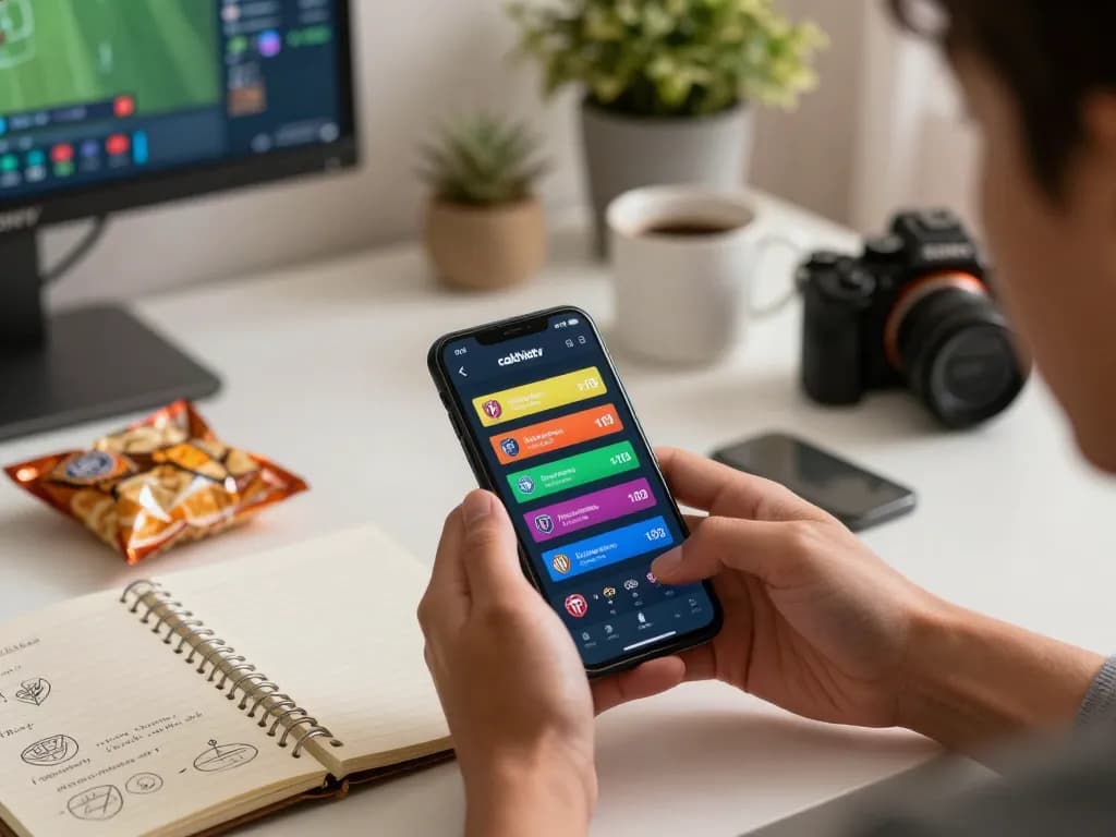 Cakhiatv app in action on smartphone displaying live sports betting, cozy home gaming environment, dynamic gambling scene.