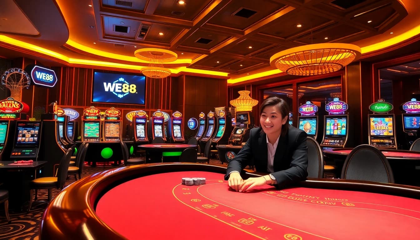 WE88 players enjoying a luxurious casino atmosphere with exciting games and vibrant excitement.