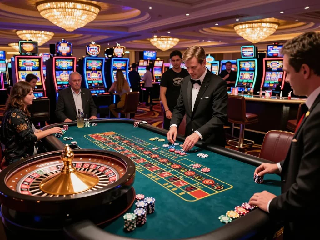 Players engaging in exciting casino games at ok365, vibrant roulette table with dealer and chips visible.
