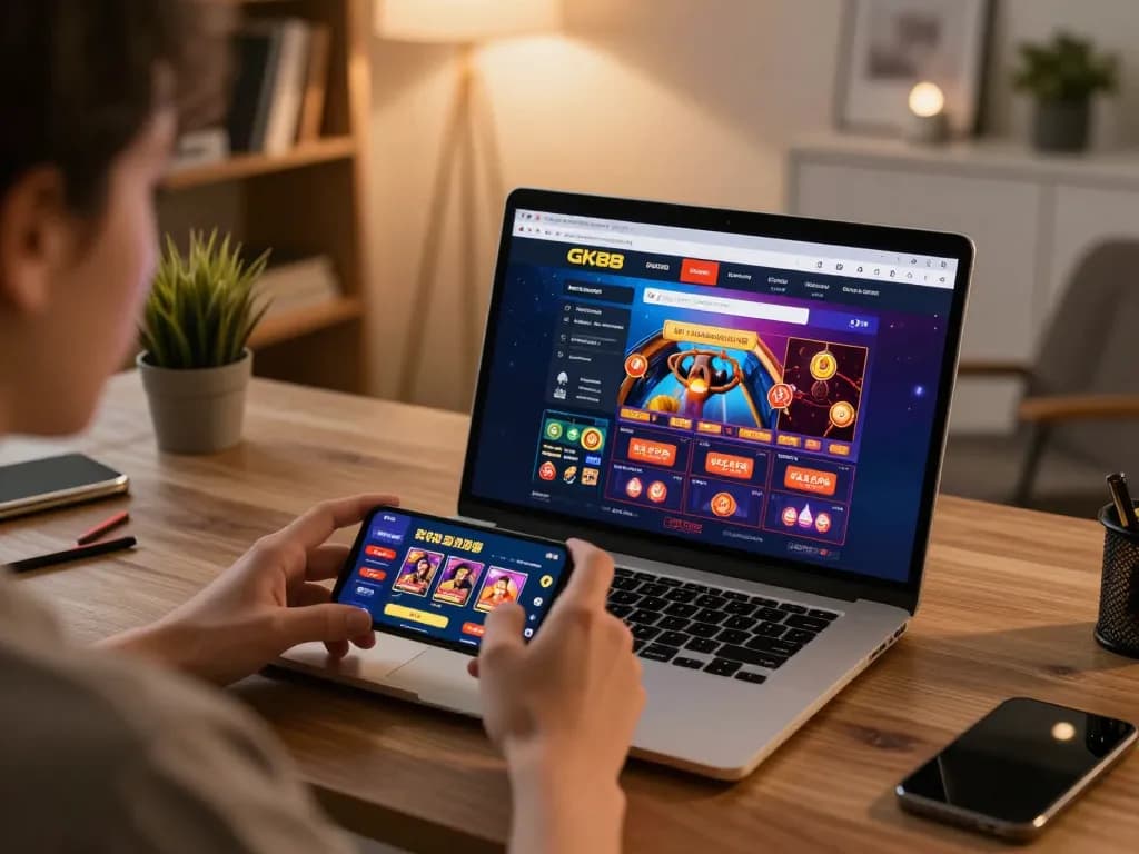 Engaging in online gaming on GK88 platform features a laptop and smartphone.