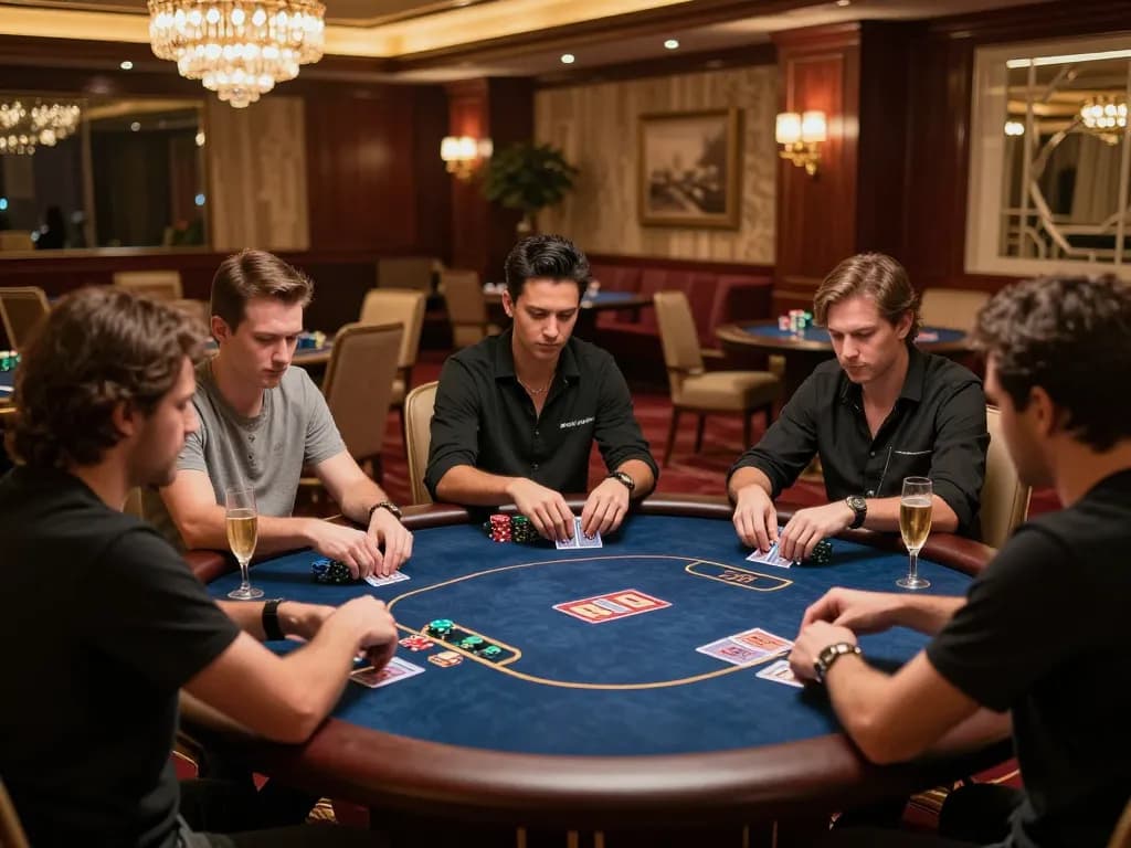 Players engage in high-stakes poker at FA88 TEAM's luxurious VIP gaming area, showcasing strategic gameplay.