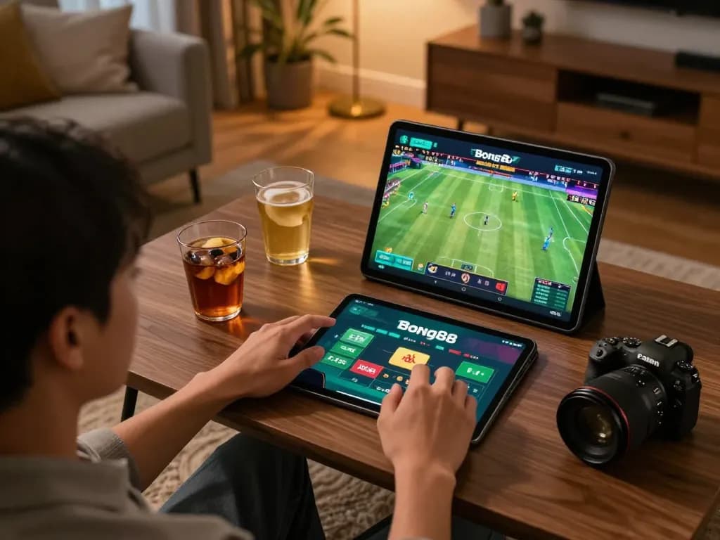 Bong88 user placing bets via the app in a cozy home setting, showcasing responsible gaming.