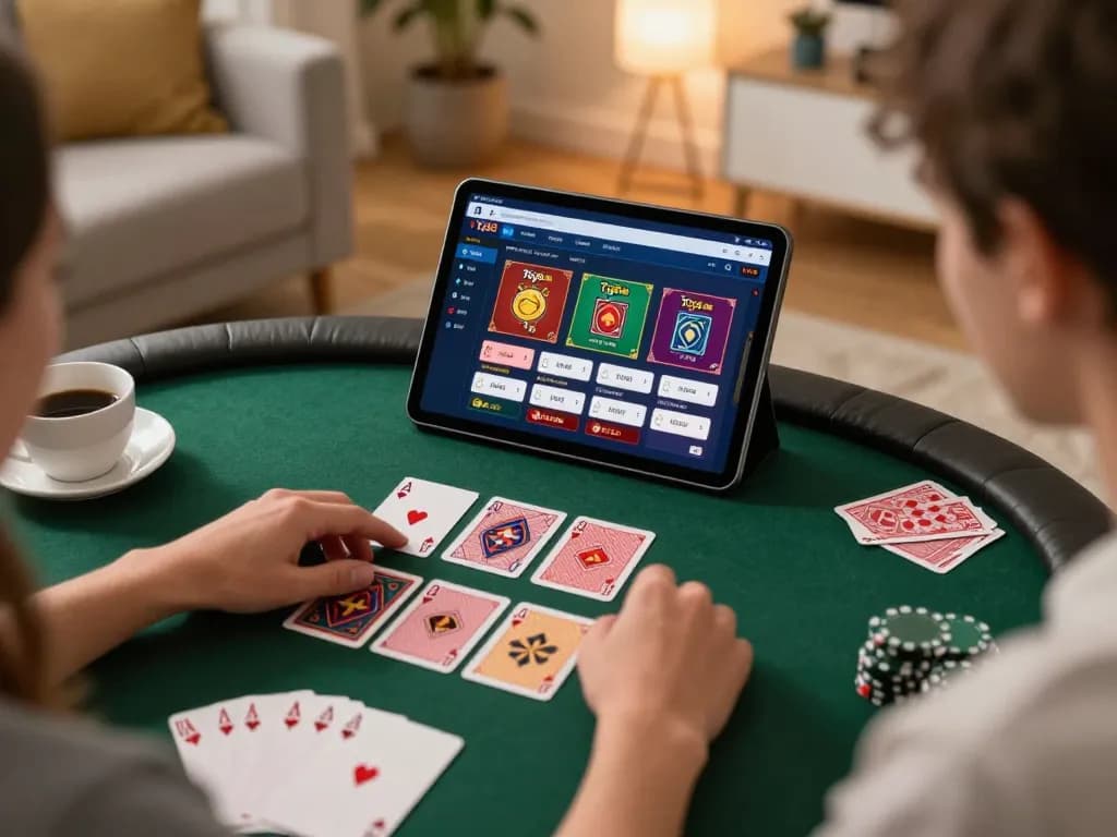 Tg88 player engaging in an online poker game from a cozy home setting, showcasing strategy notes and tablet interface.