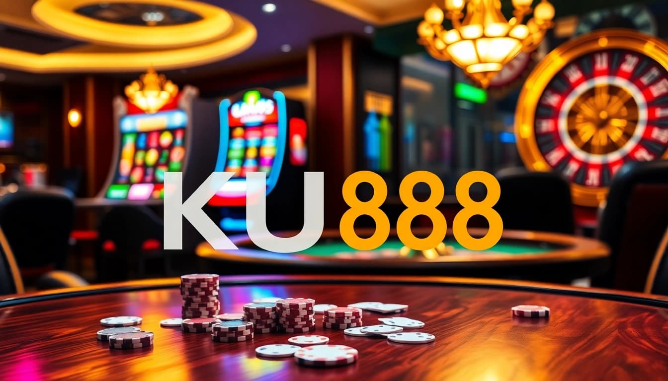 Experience the excitement of gambling at KU88 with a vibrant casino scene featuring poker games and slot machines.