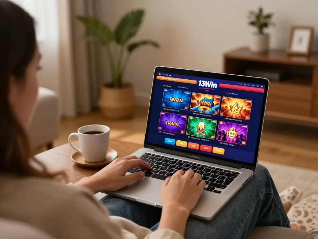 Engaging player using 13Win casino app on laptop, enjoy gaming in a cozy home setting.