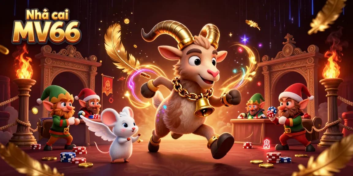 Engage in the festive thrills of Nhà cái MV66 with an exciting casino scene featuring Krampus and playful characters.