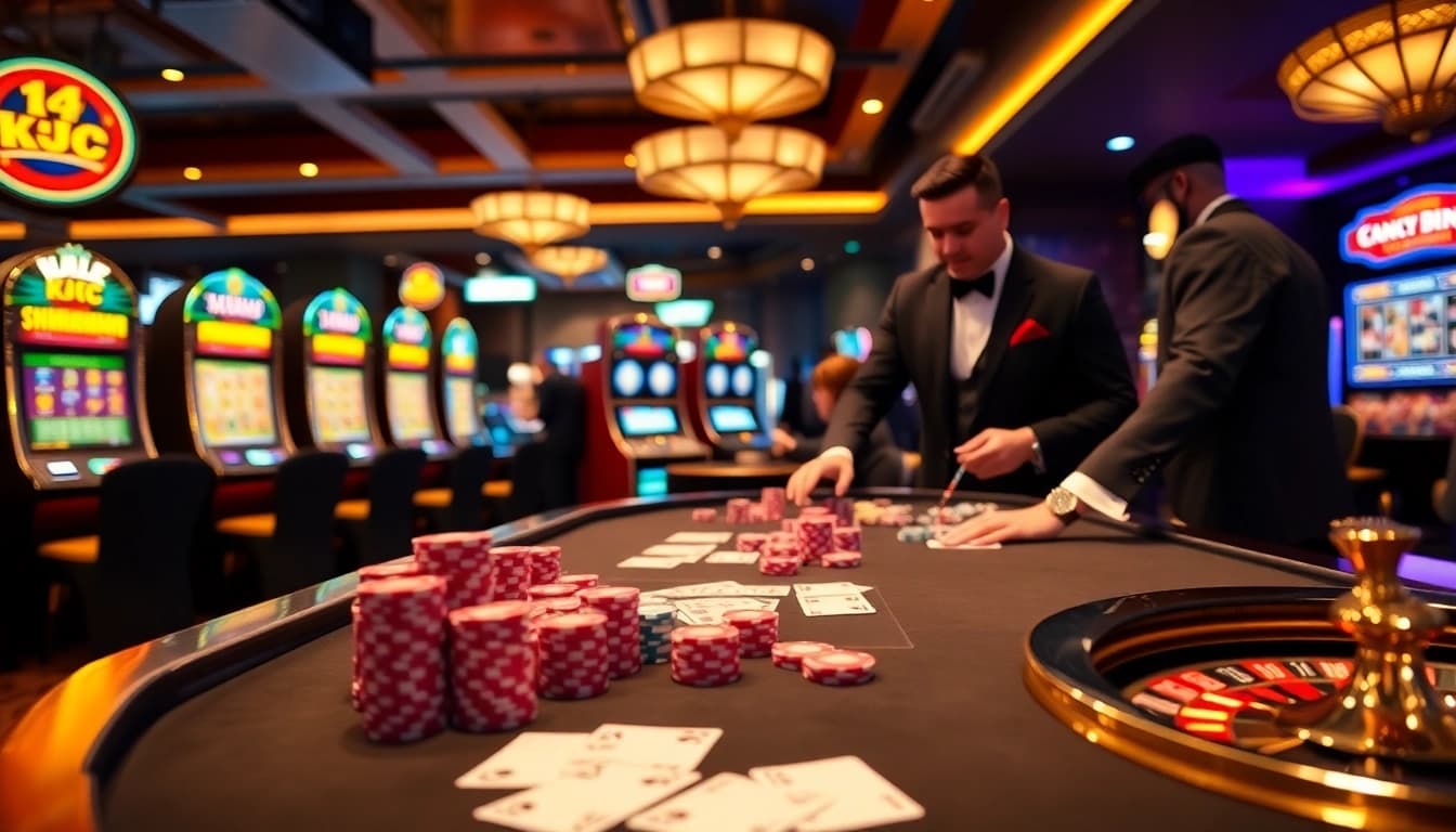 Experience the thrilling KJC casino ambiance with professional card games and vibrant gambling elements.
