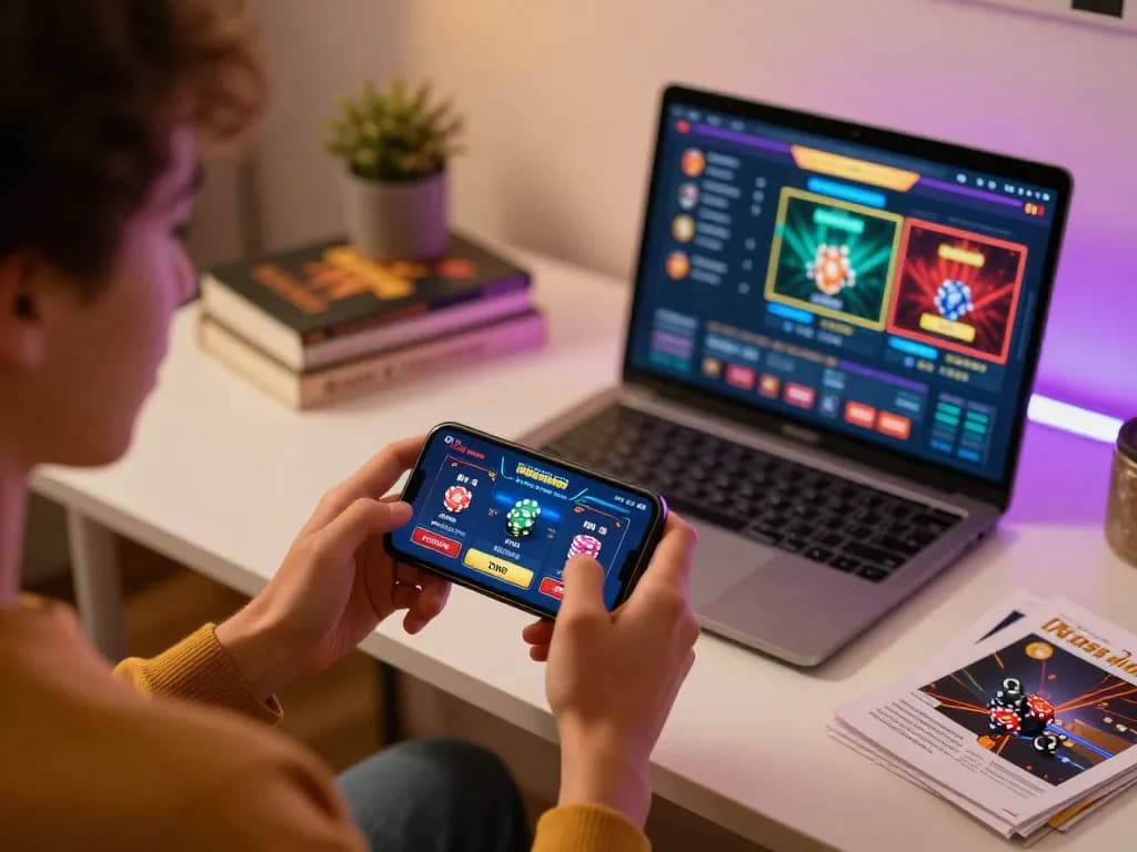 Engaging scene of a player using twin68 on a smartphone in a cozy home gaming setup, highlighting strategic online gambling.