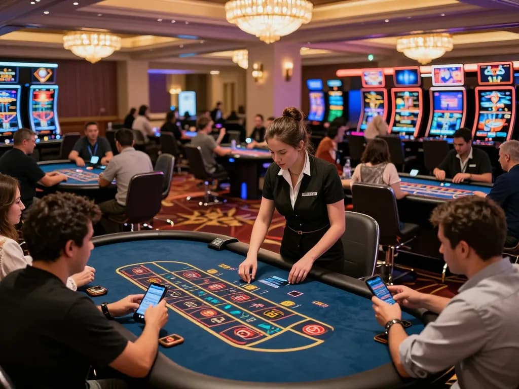 Players enjoying the thrill of gambling at 577F casino, vibrant atmosphere with various games.