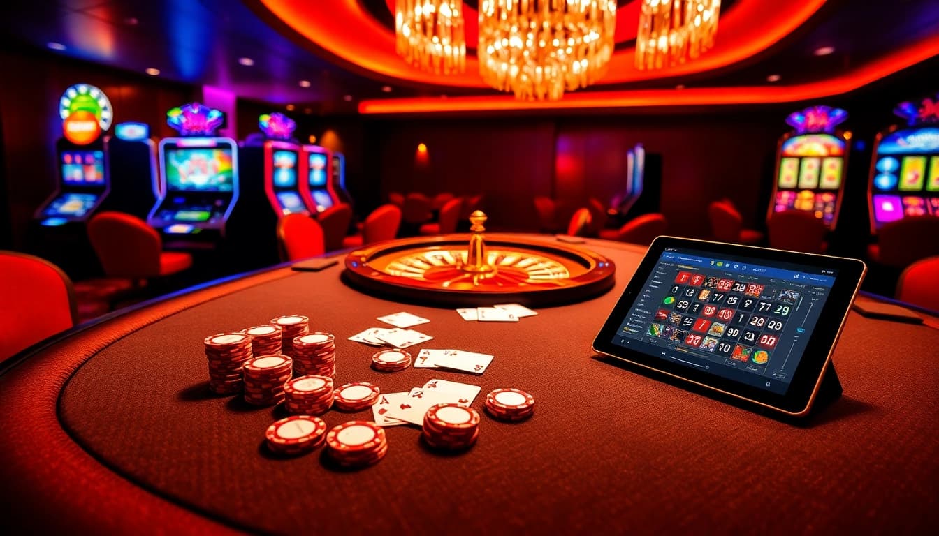 Experience the excitement of RR88 casino with a vibrant gaming scene featuring poker, roulette, and slot machines.