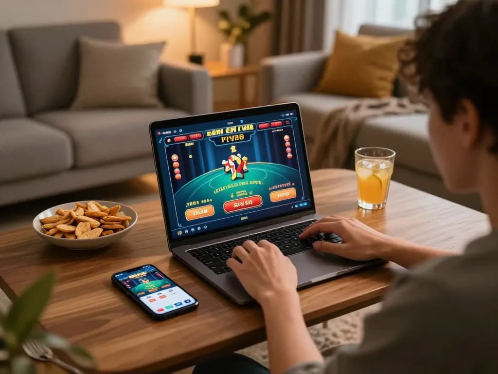 Player engaging with the fly88 casino app on a laptop in a warm, cozy setting with snacks and drinks.