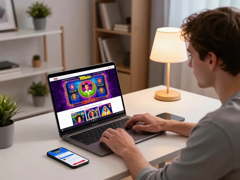 Player enjoying a casino experience through 789win's online platform on a laptop, with engaging graphics and cozy home setting.