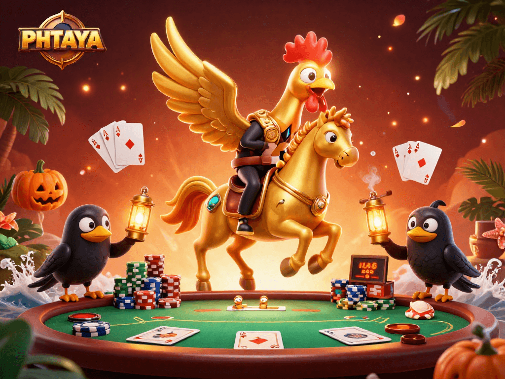 PHTAYA's golden rooster mascot rides through a vibrant casino, surrounded by poker chips and magical atmospherics.