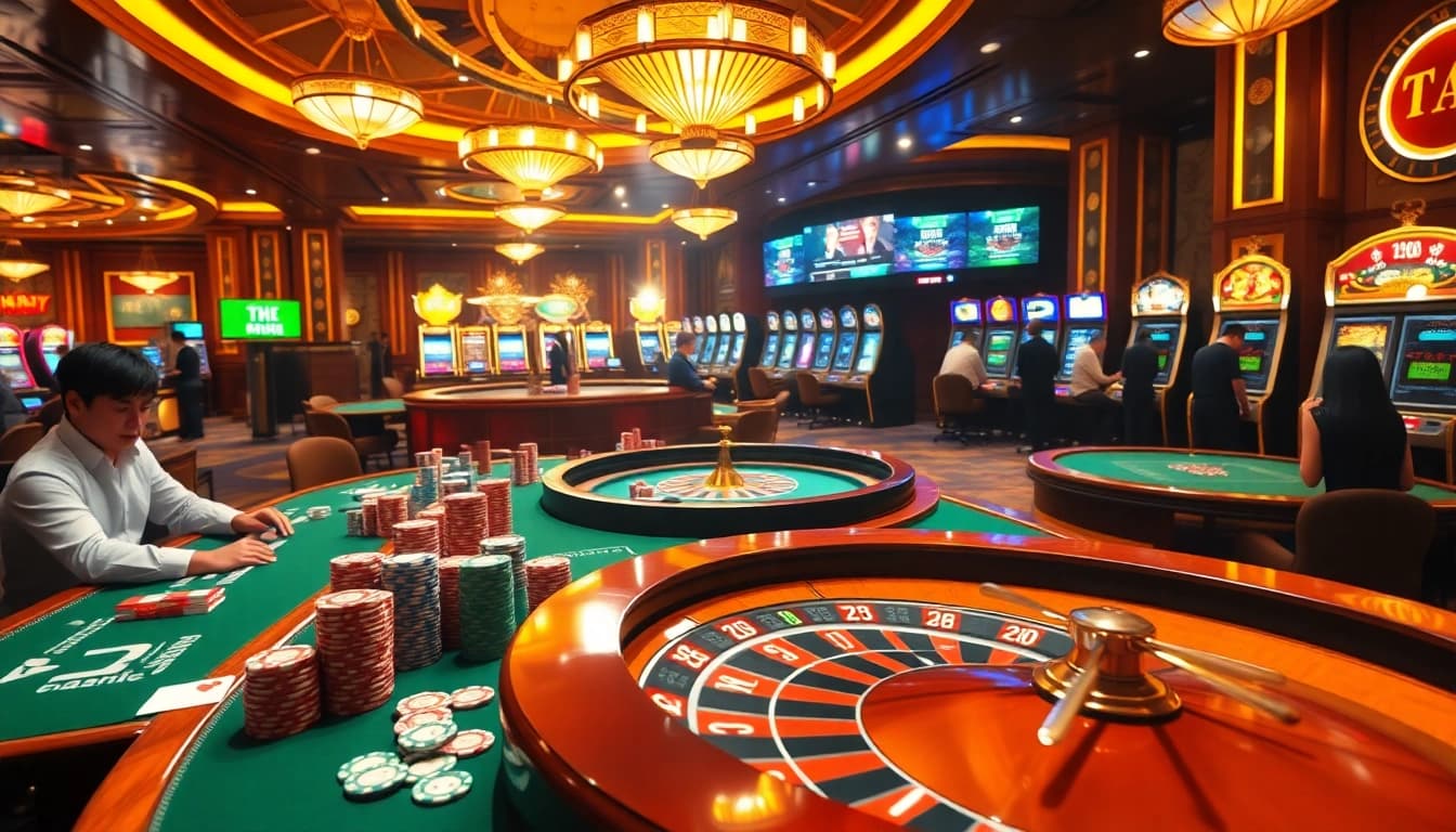 Kèo nhà cái gambling scene showcasing excitement with casino tables, cards, and roulette wheels.