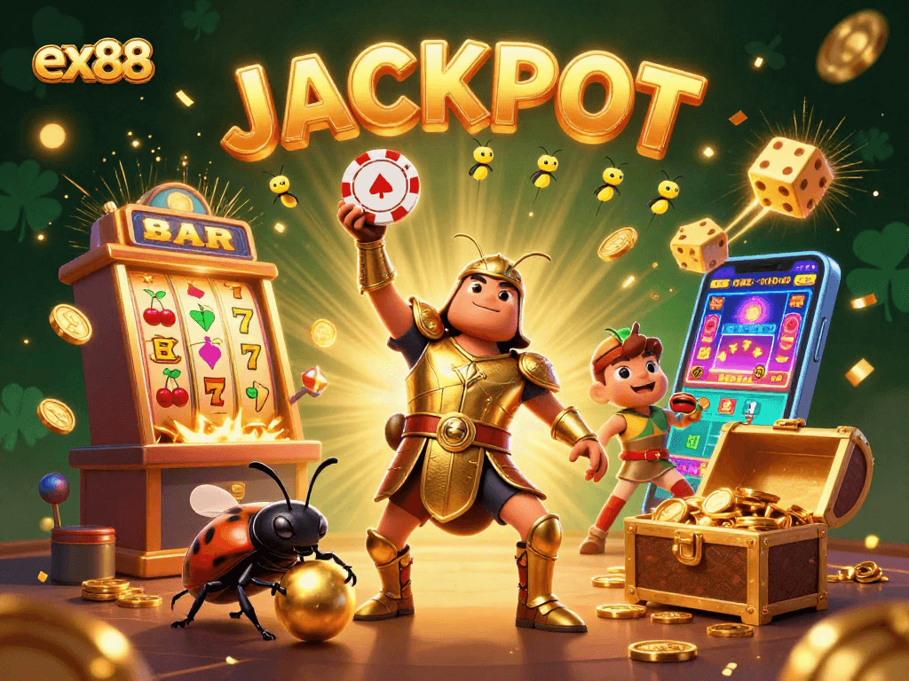 Experience the thrill of winning with ex88 in this vibrant casino-themed illustration featuring cartoon characters.