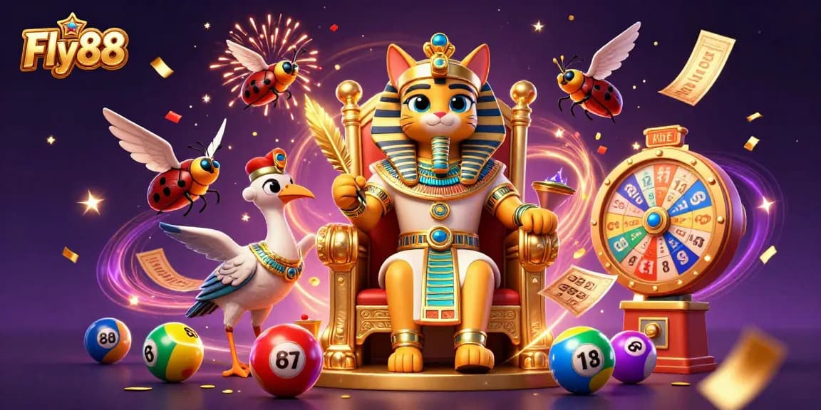 Fly88 features an Egyptian-themed casino scene with colorful lottery elements and dynamic energy.
