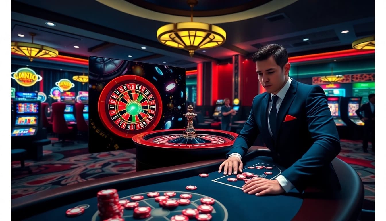 An online gaming interface showcasing excitement at https://nohu90vn2.com/ with a vibrant roulette wheel and slot machines.
