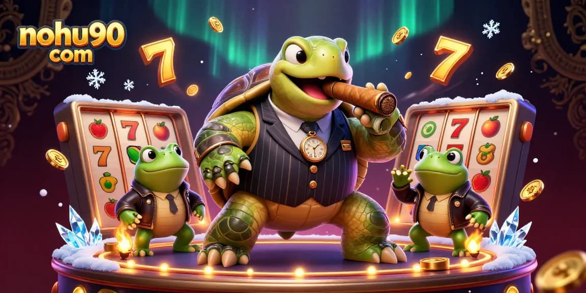 Engage with exciting jackpots and slots at nohu90 com, featuring a dynamic 3D turtle character with themed casino elements.