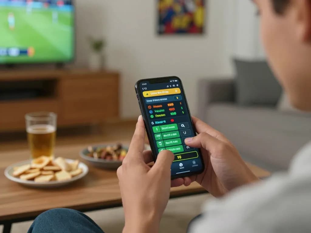 Place bets with kèo nhà cái on a smartphone at home, showcasing the excitement of online sports betting.