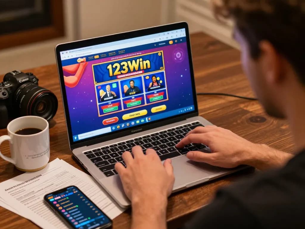 Engaged player analyzing betting strategy at 123Win online casino on laptop screen
