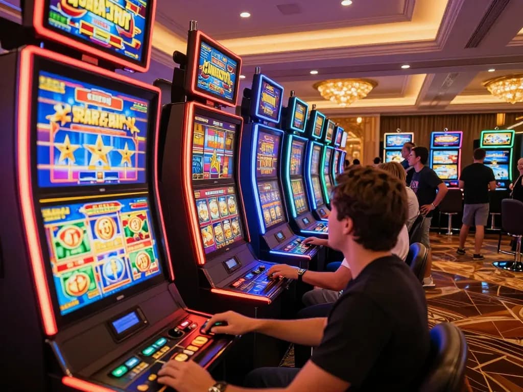 Engaging gameplay scene at Slot Malaysia casino, capturing vibrant slot machines and players immersed in action.
